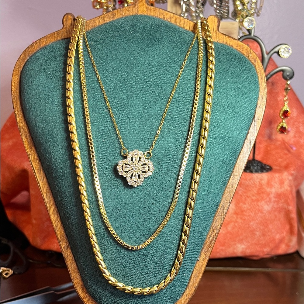 Gold-Tone Layered Chain Necklace with CZ Diamond Pendant